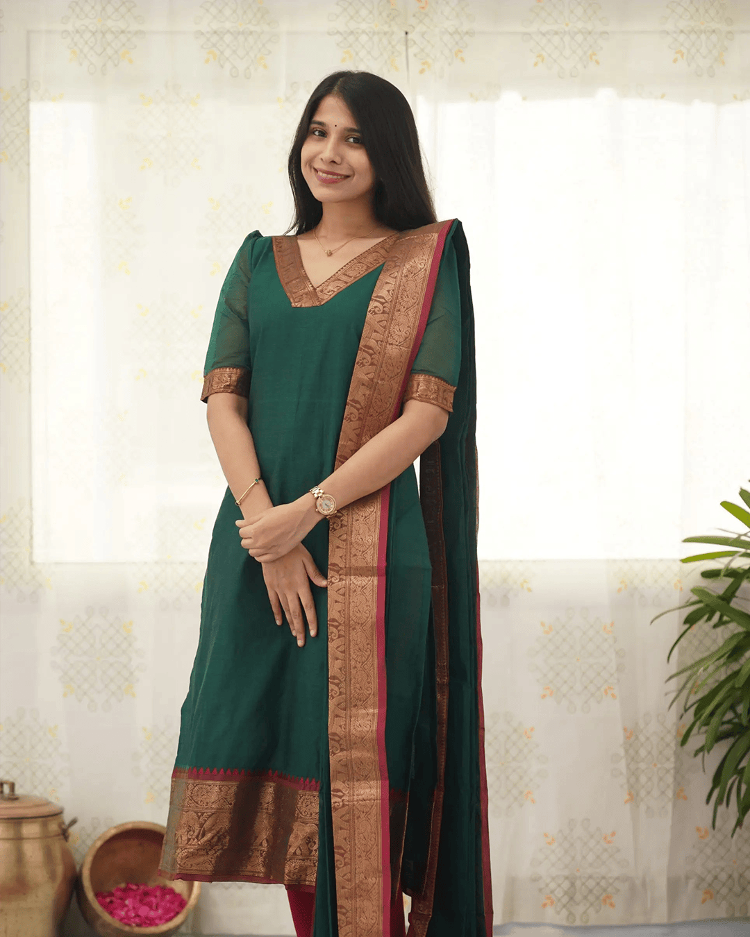 Jyoti Fashion Women's Rama Kanchi Cotton Zari Woven Designer Kurti with Dupatta