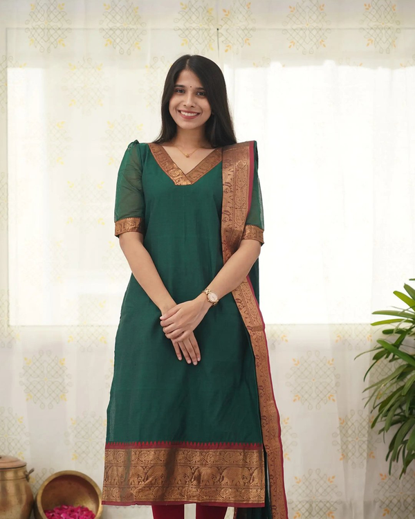 Jyoti Fashion Women's Rama Kanchi Cotton Zari Woven Designer Kurti with Dupatta