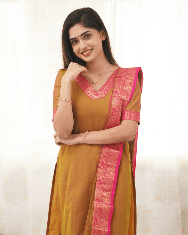 Jyoti Fashion Women's Mustard Kanchi Cotton Zari Woven Designer Kurti with Dupatta