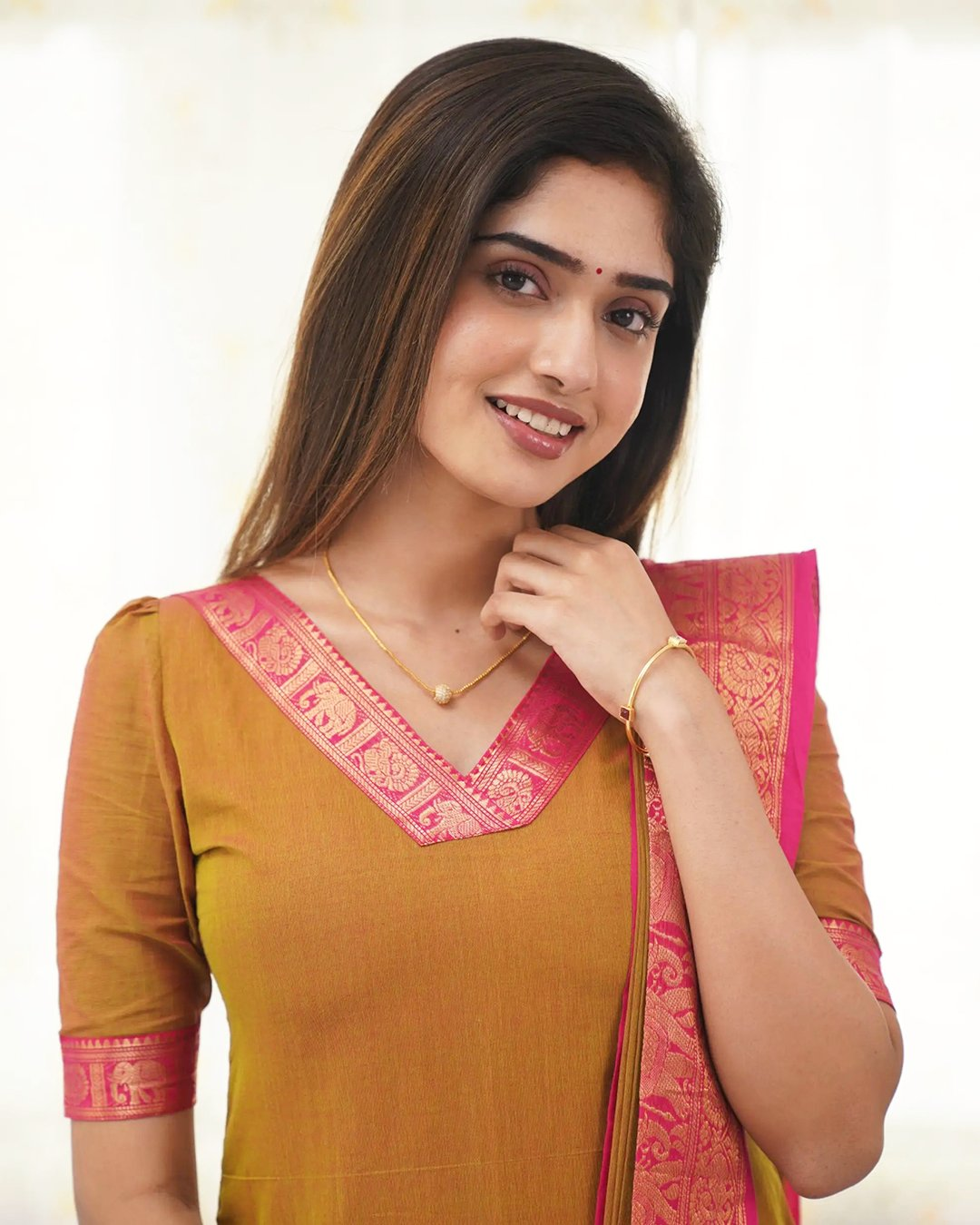 Jyoti Fashion Women's Mustard Kanchi Cotton Zari Woven Designer Kurti with Dupatta
