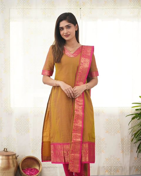 Jyoti Fashion Women's Mustard Kanchi Cotton Zari Woven Designer Kurti with Dupatta