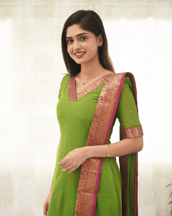 Jyoti Fashion Women's Parrot Green Kanchi Cotton Zari Woven Designer Kurti with Dupatta