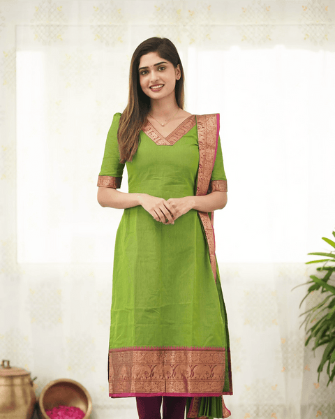 Jyoti Fashion Women's Parrot Green Kanchi Cotton Zari Woven Designer Kurti with Dupatta