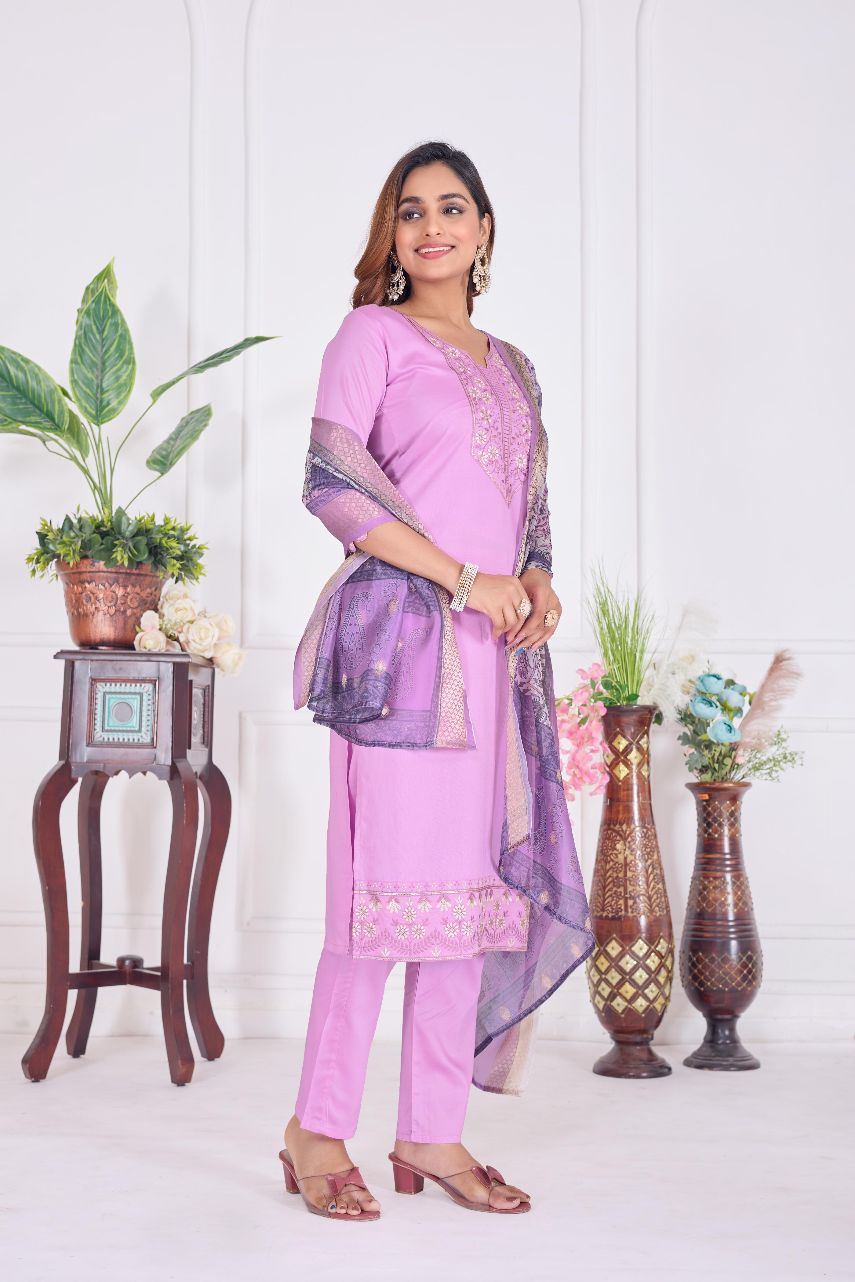 Jyoti Fashion Women's Lavender Cotton Embroidered Designer Kurta Set with Dupatta