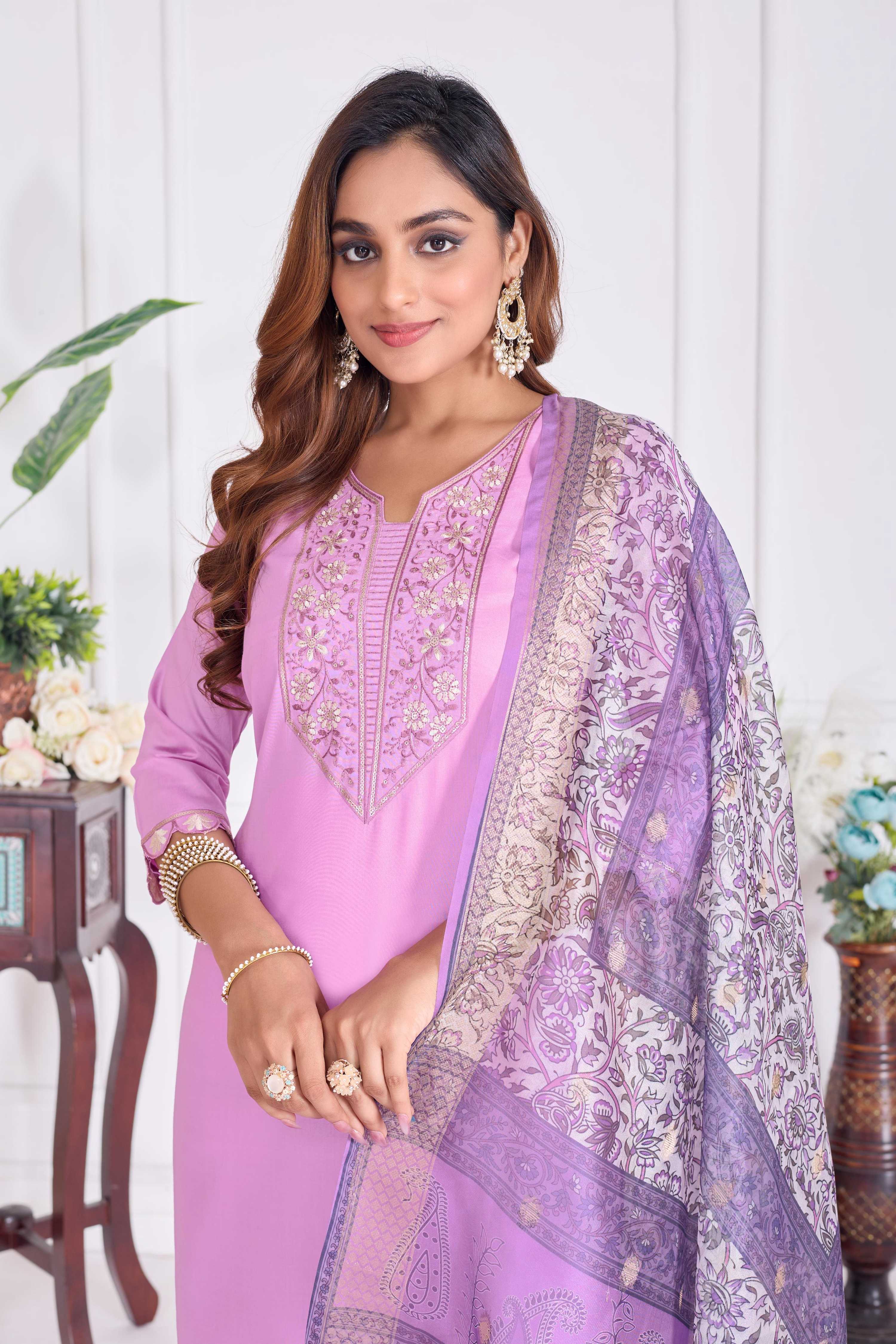 Jyoti Fashion Women's Lavender Cotton Embroidered Designer Kurta Set with Dupatta