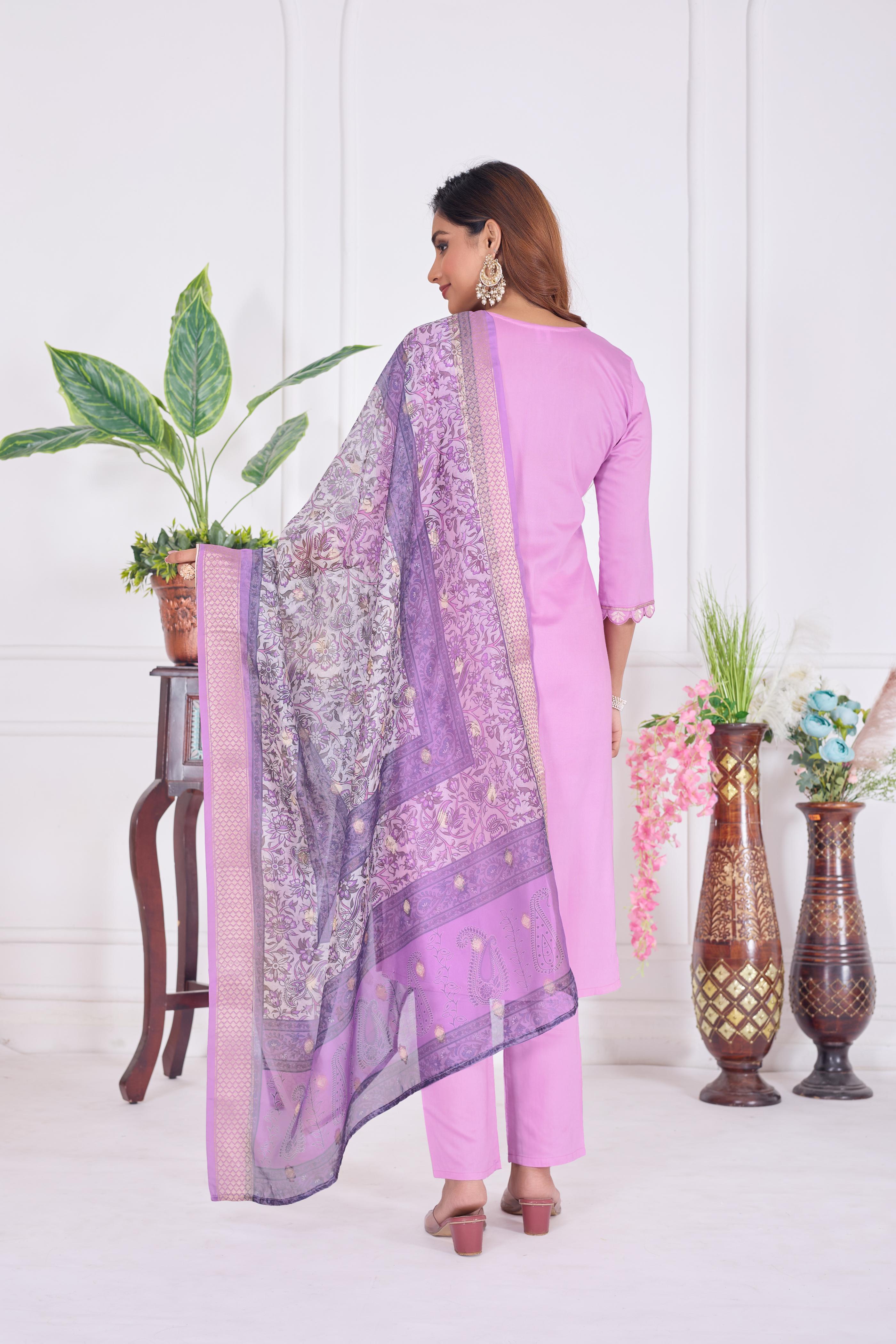 Jyoti Fashion Women's Lavender Cotton Embroidered Designer Kurta Set with Dupatta