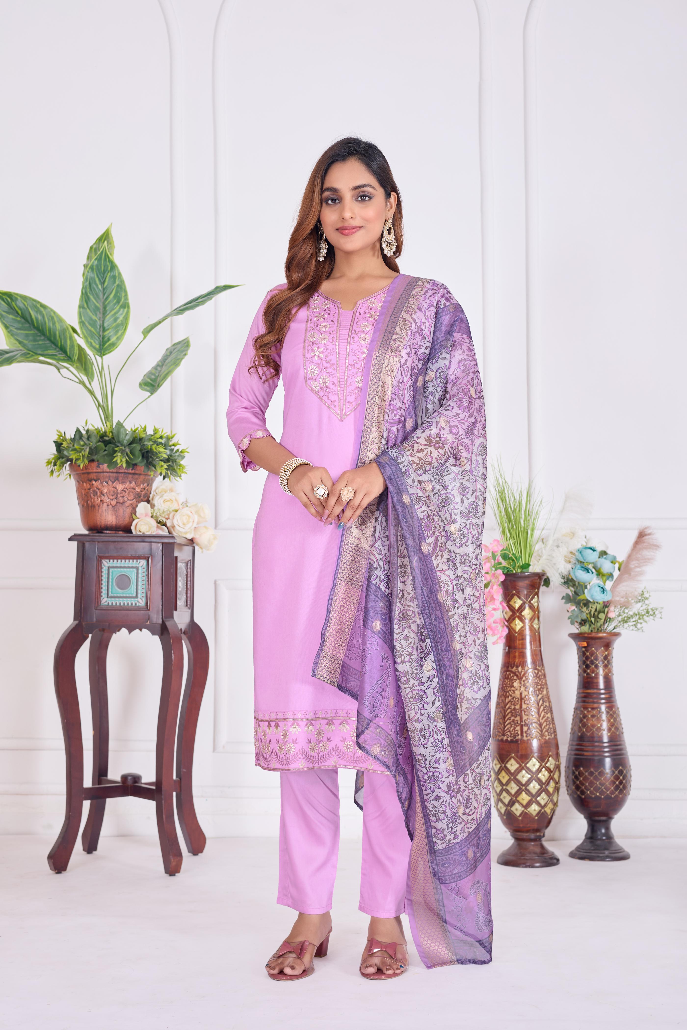 Jyoti Fashion Women's Lavender Cotton Embroidered Designer Kurta Set with Dupatta