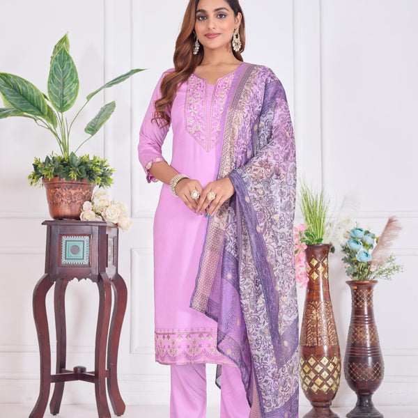Jyoti Fashion Women's Lavender Cotton Embroidered Designer Kurta Set with Dupatta