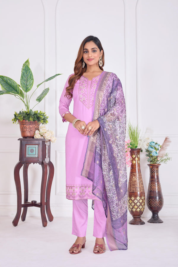 Jyoti Fashion Women's Lavender Cotton Embroidered Designer Kurta Set with Dupatta