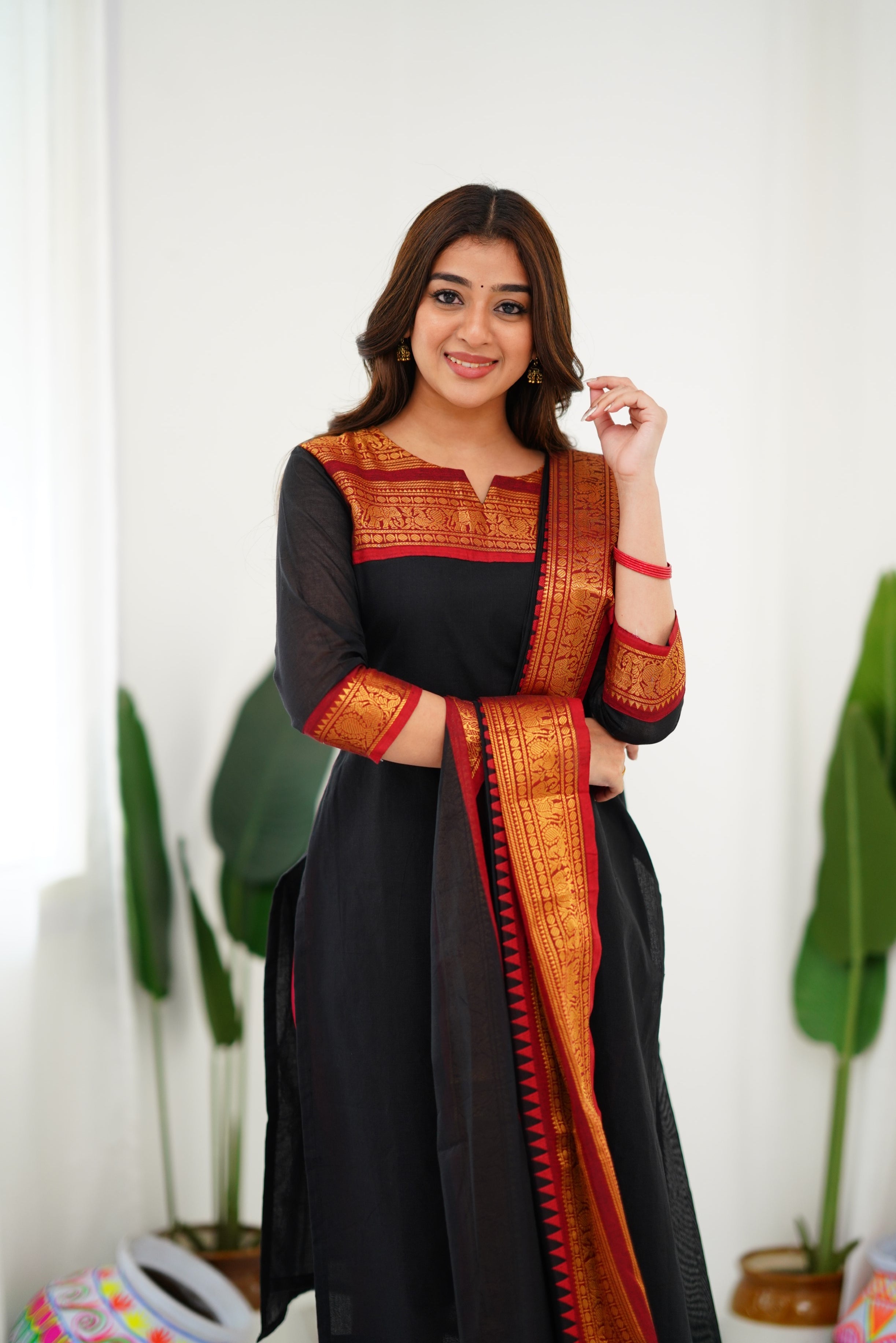 Jyoti Fashion Women's Black Kanchi Cotton Zari Woven Designer Kurti with Dupatta