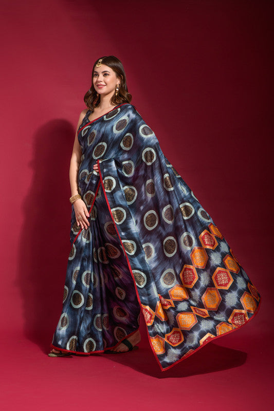 Jyoti Fashion Women's Navy Blue Emboss Foil Printed Soft Silk Saree with Blouse - Distacart