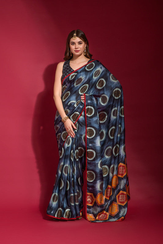 Jyoti Fashion Women's Navy Blue Emboss Foil Printed Soft Silk Saree with Blouse - Distacart