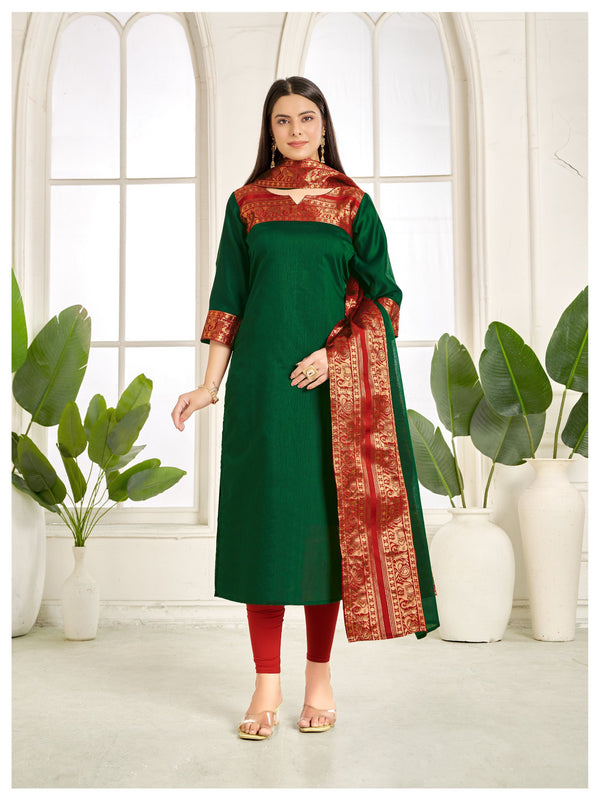 Jyoti Fashion Women's Dark Green Kanchi Cotton Zari Woven Designer Kurti with Dupatta