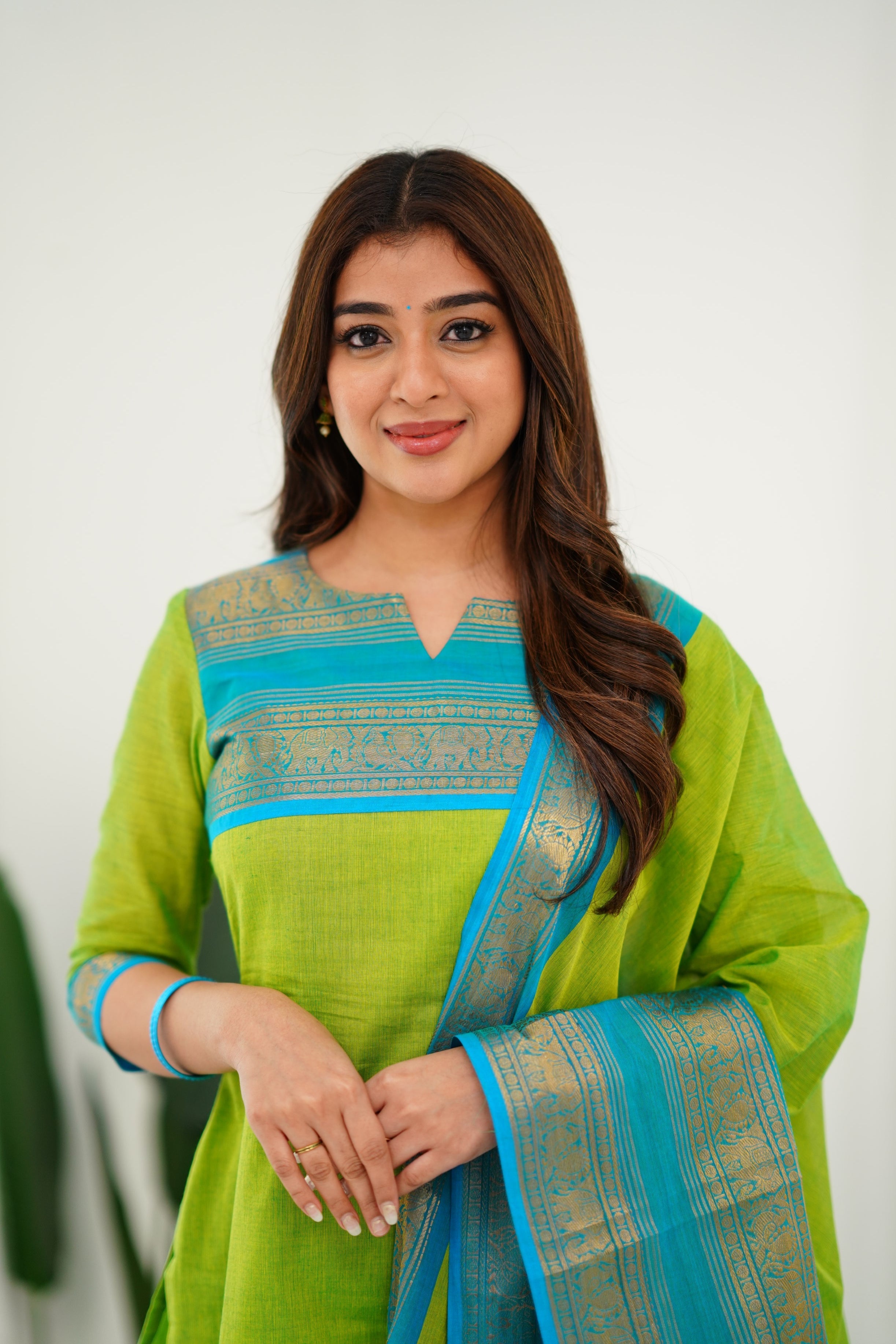 Jyoti Fashion Women's Parrot Green Kanchi Cotton Zari Woven Designer Kurti with Dupatta