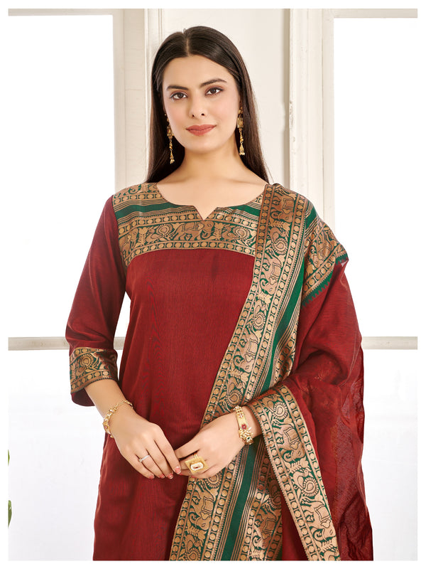 Jyoti Fashion Women's Maroon Kanchi Cotton Zari Woven Designer Kurti with Dupatta