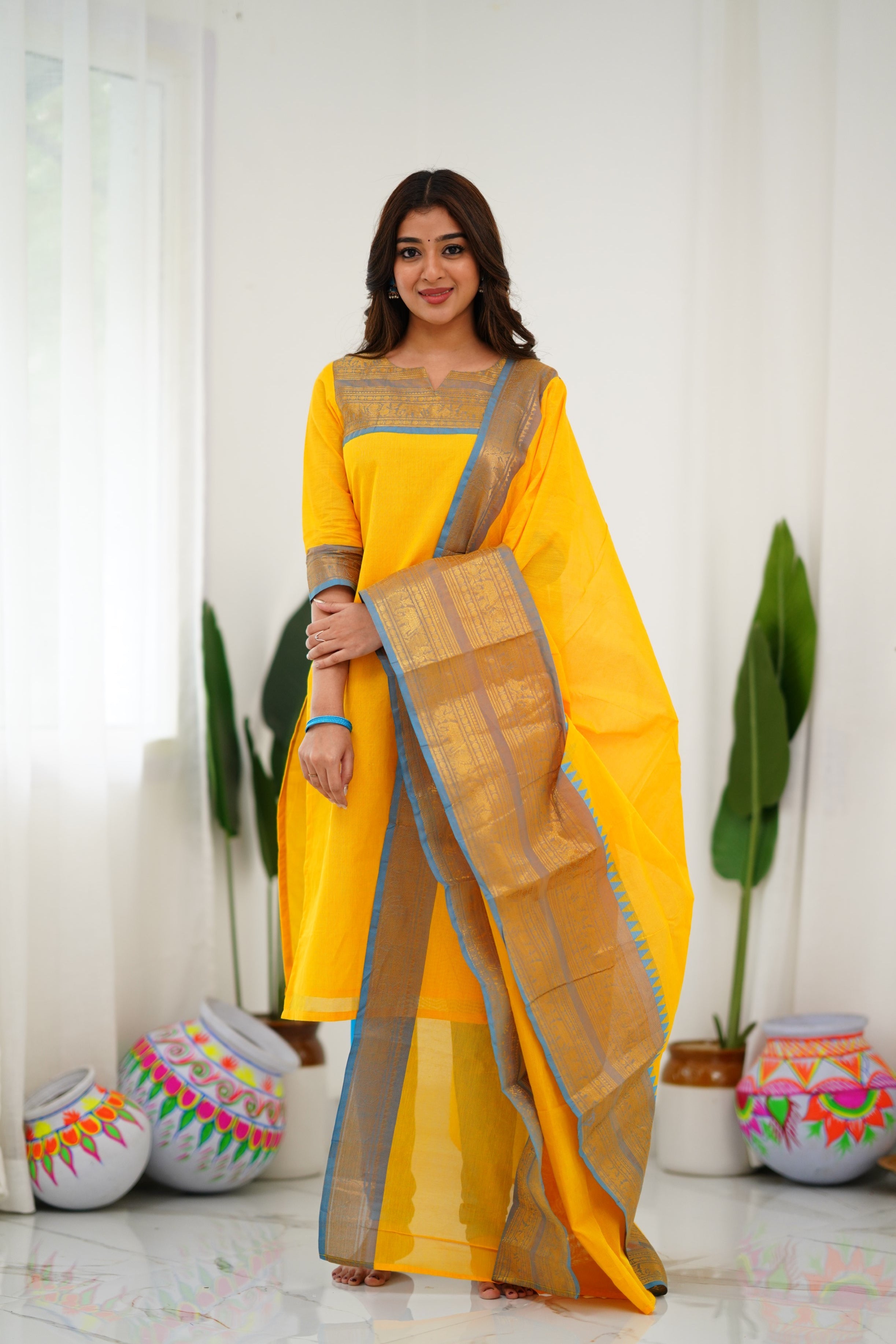 Jyoti Fashion Women's Yellow Kanchi Cotton Zari Woven Designer Kurti with Dupatta