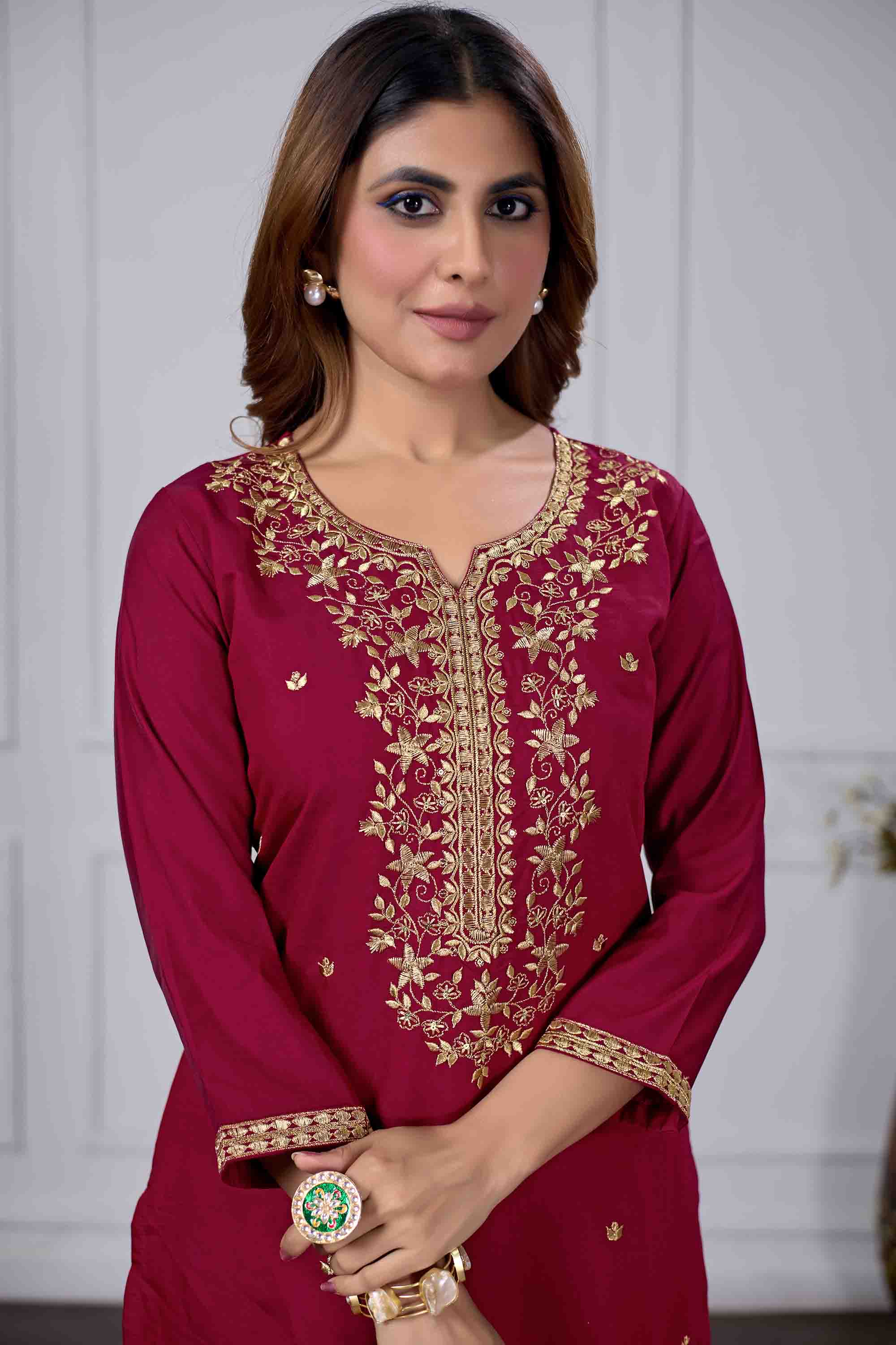 Jyoti Fashion Women's Maroon Chanderi Cotton Embroidered Designer Kurta Set with Dupatta