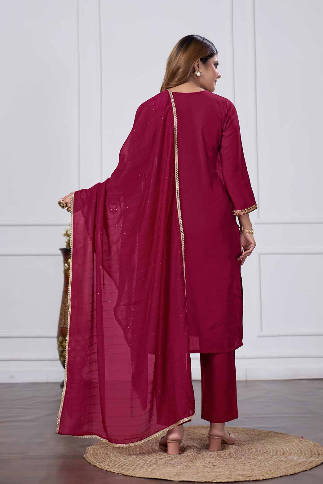 Jyoti Fashion Women's Maroon Chanderi Cotton Embroidered Designer Kurta Set with Dupatta