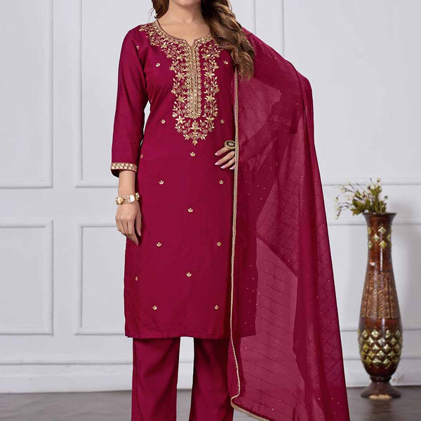 Jyoti Fashion Women's Maroon Chanderi Cotton Embroidered Designer Kurta Set with Dupatta - Dista