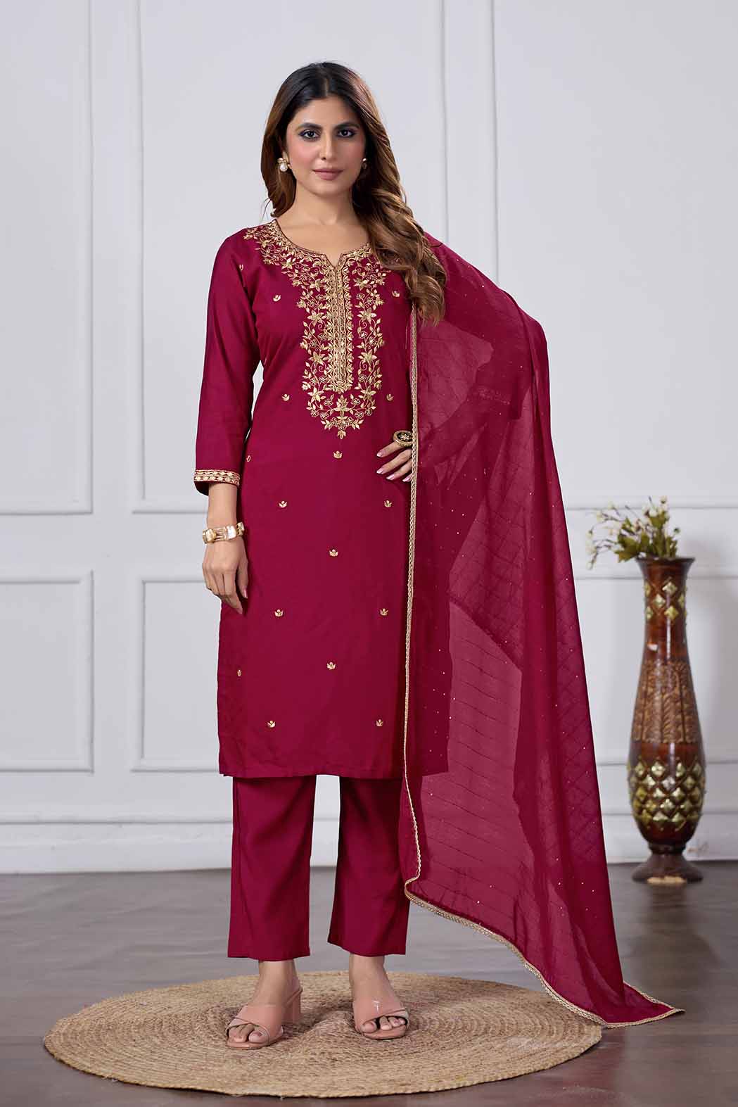 Jyoti Fashion Women's Maroon Chanderi Cotton Embroidered Designer Kurta Set with Dupatta - Dista
