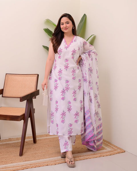 Jyoti Fashion Women's Purple Rayon Slub Floral Printed Designer Kurta Set with Dupatta