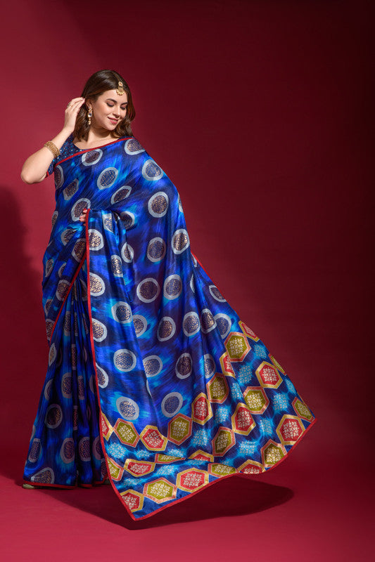 Jyoti Fashion Women's Royal Blue Emboss Foil Printed Soft Silk Saree with Blouse - Distacart