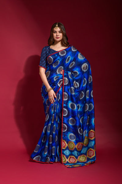 Jyoti Fashion Women's Royal Blue Emboss Foil Printed Soft Silk Saree with Blouse - Distacart