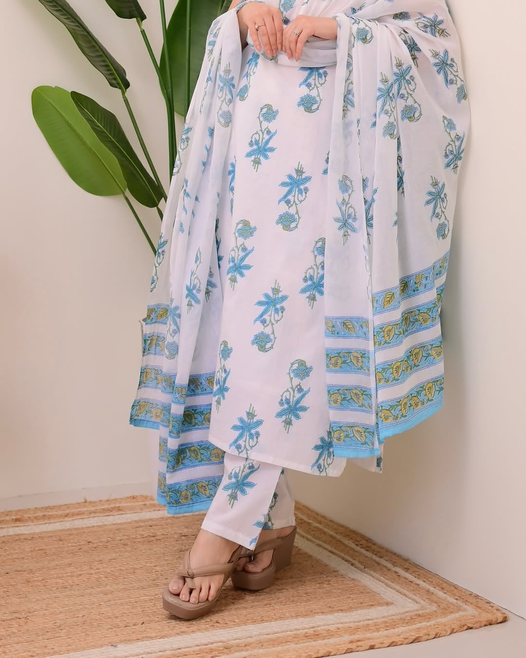 Jyoti Fashion Women's Blue Rayon Slub Floral Printed Designer Kurta Set with Dupatta