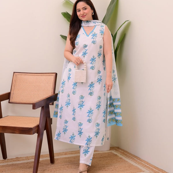 Jyoti Fashion Women's Blue Rayon Slub Floral Printed Designer Kurta Set with Dupatta
