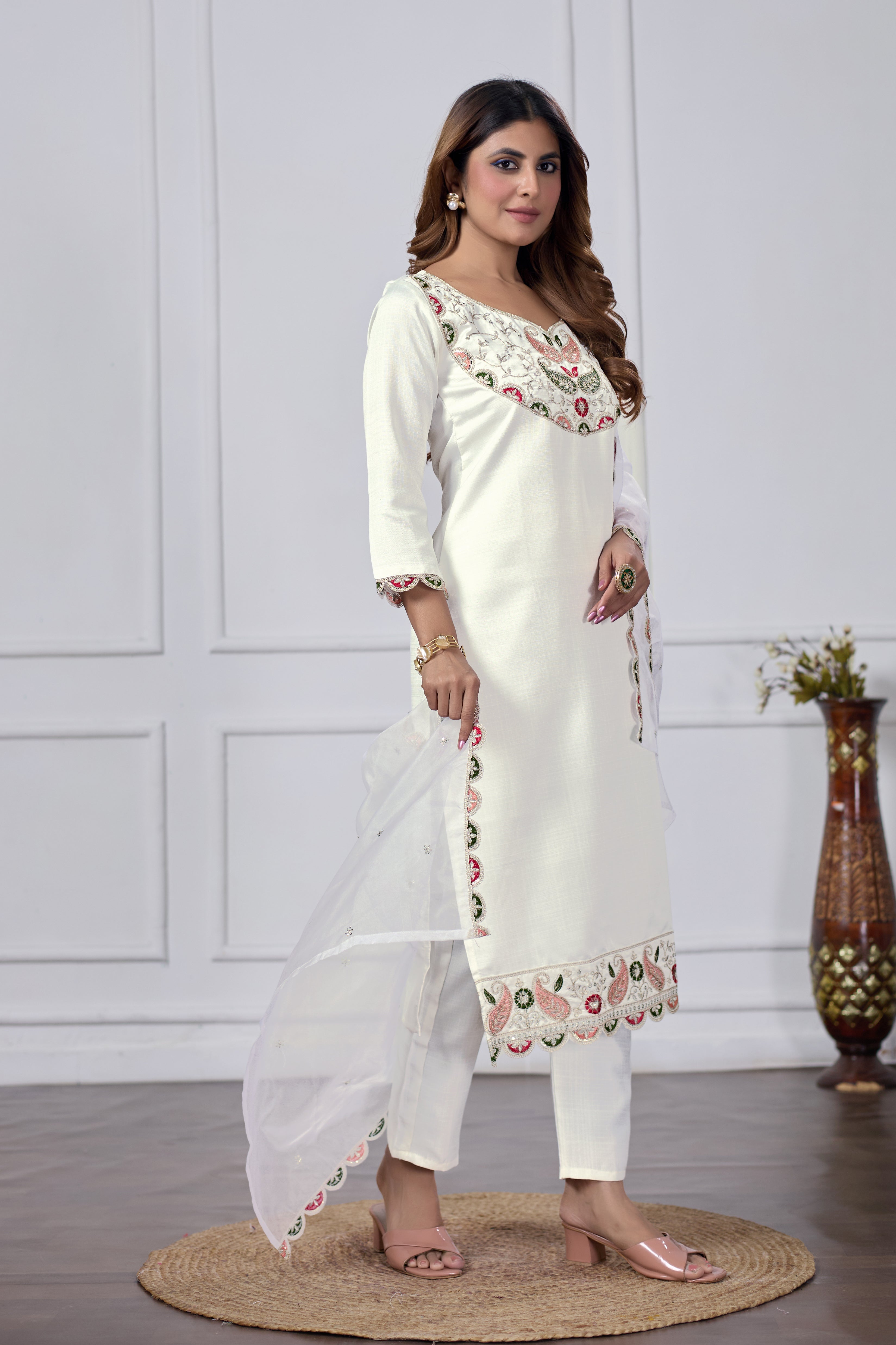 Jyoti Fashion Women's White Cotton Embroidered Designer Kurta Set with Dupatta