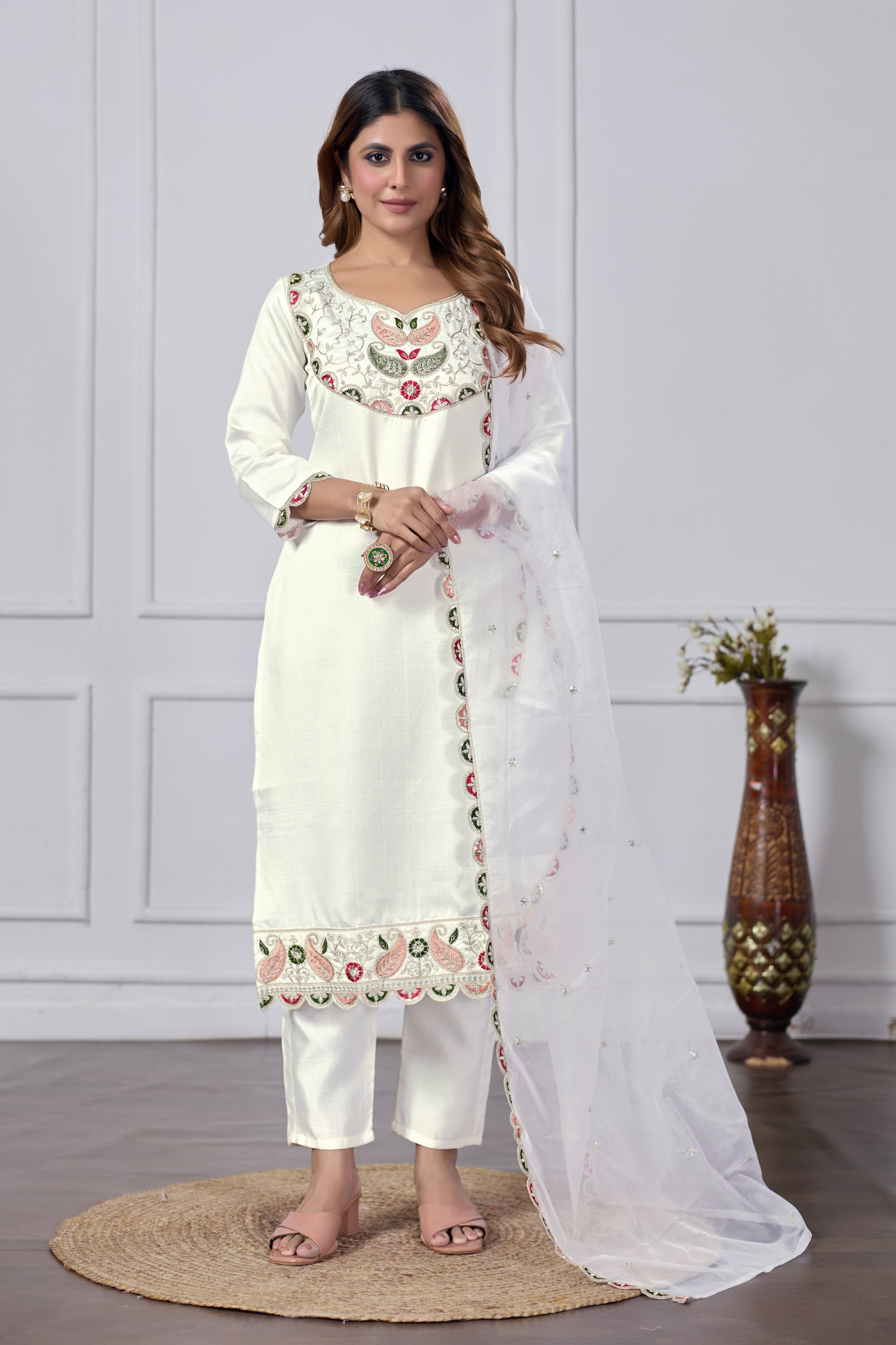 Jyoti Fashion Women's White Cotton Embroidered Designer Kurta Set with Dupatta