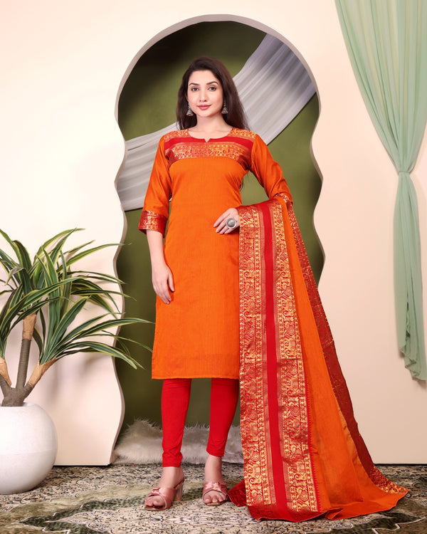 Jyoti Fashion Women's Orange Kanchi Cotton Zari Woven Designer Kurti with Dupatta