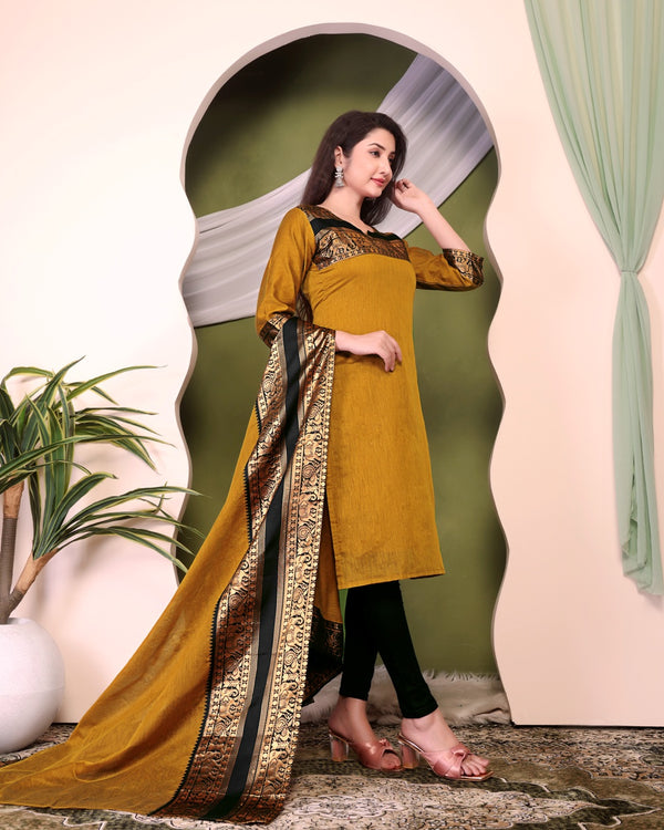 Jyoti Fashion Women's Mustard Kanchi Cotton Zari Woven Designer Kurti with Dupatta