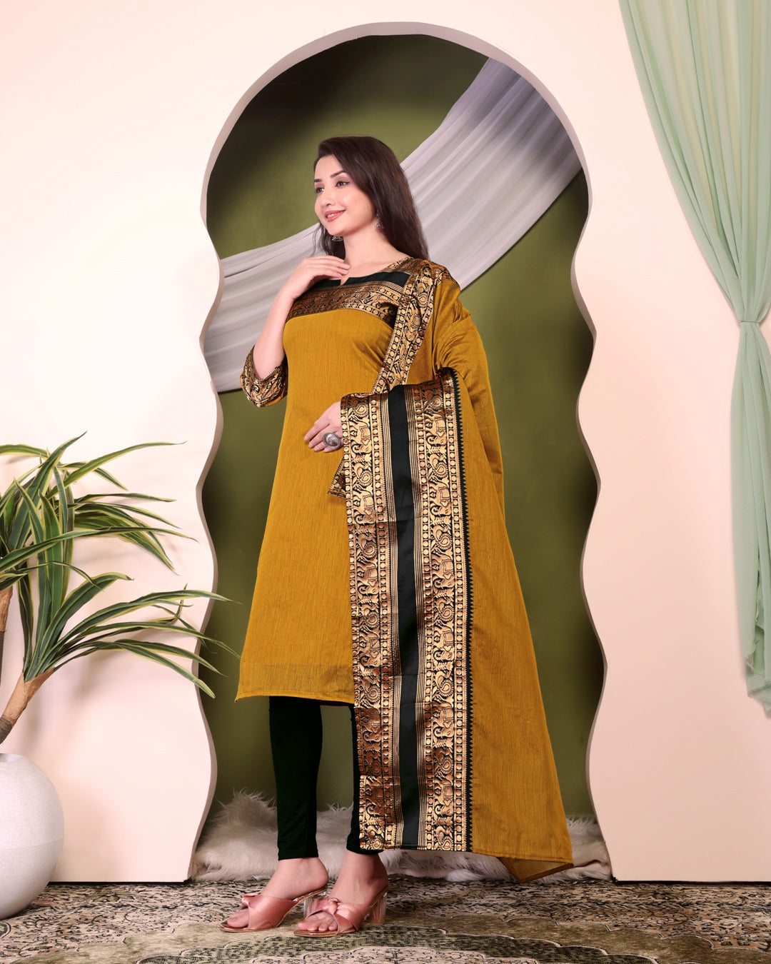 Jyoti Fashion Women's Mustard Kanchi Cotton Zari Woven Designer Kurti with Dupatta
