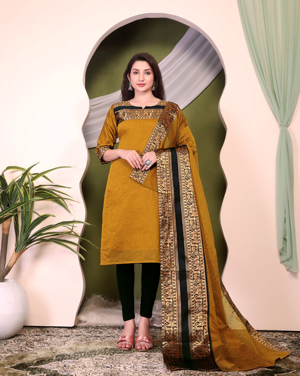 Jyoti Fashion Women's Mustard Kanchi Cotton Zari Woven Designer Kurti with Dupatta