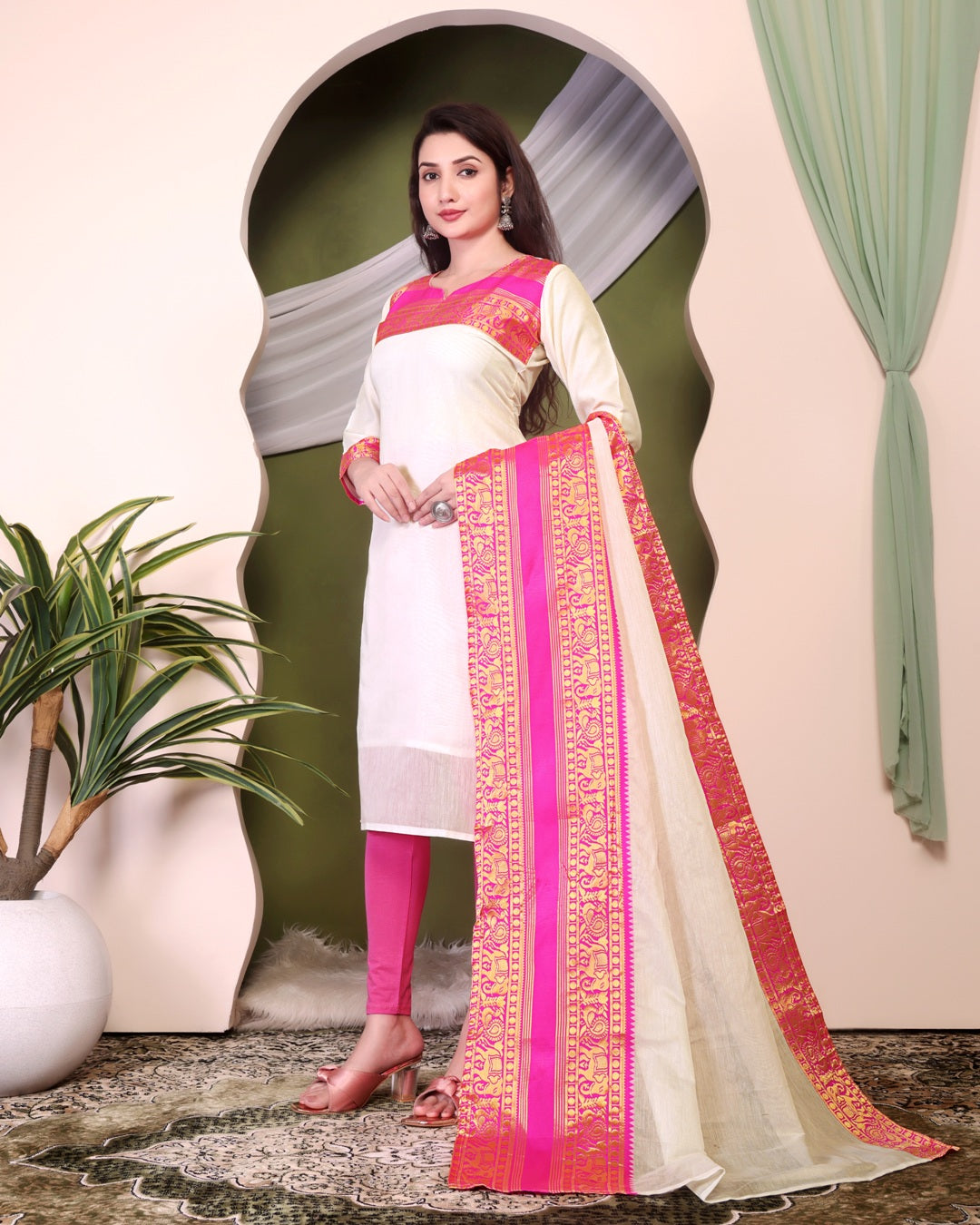 Jyoti Fashion Women's White Kanchi Cotton Zari Woven Designer Kurti with Dupatta