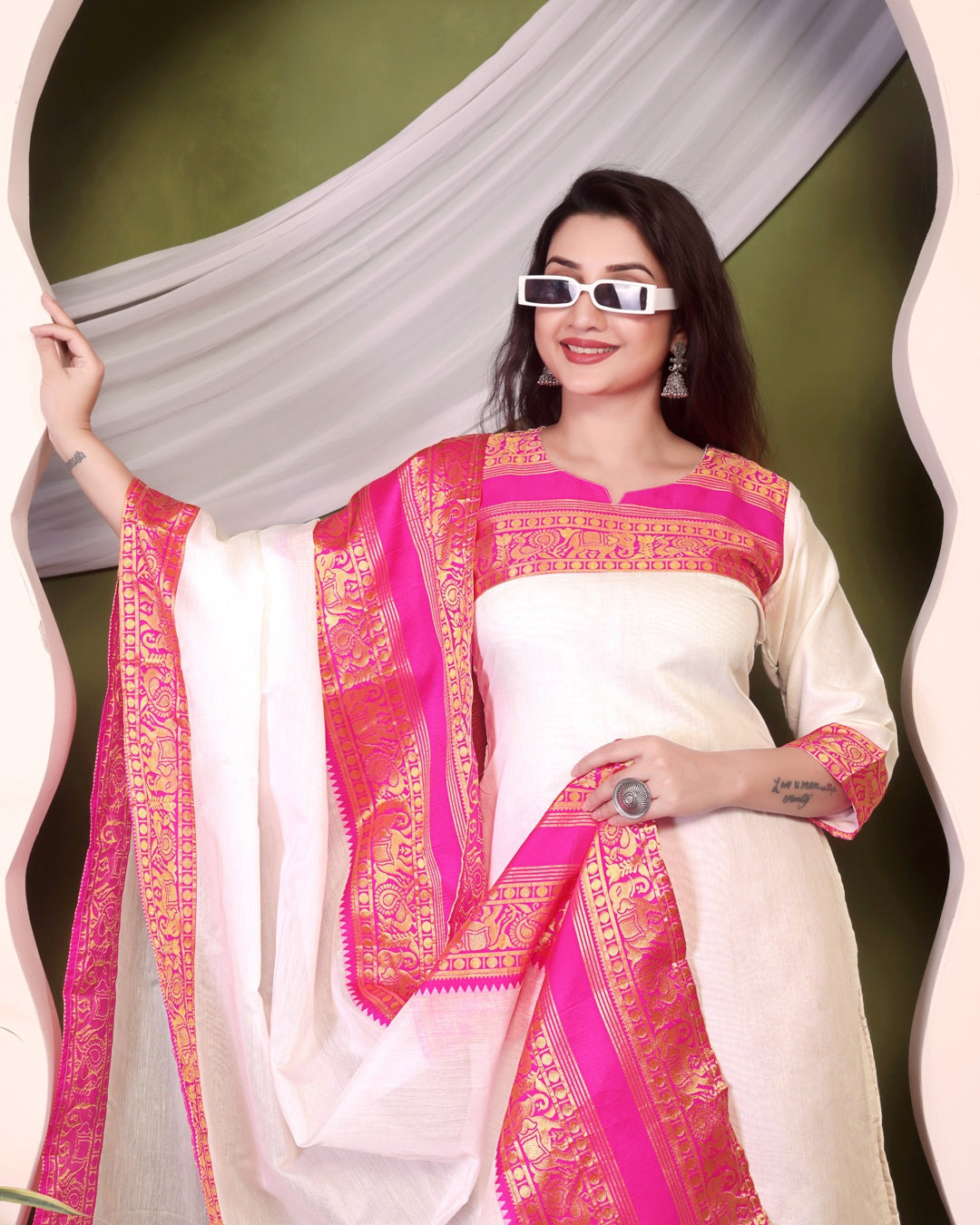 Jyoti Fashion Women's White Kanchi Cotton Zari Woven Designer Kurti with Dupatta