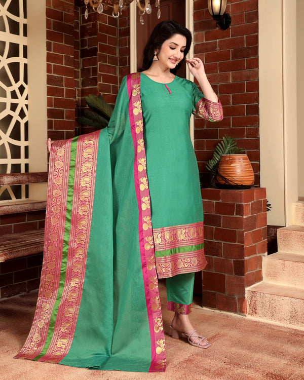 Jyoti Fashion Women's Rama Kanchi Cotton Jacquard Designer Kurta Set with Dupatta