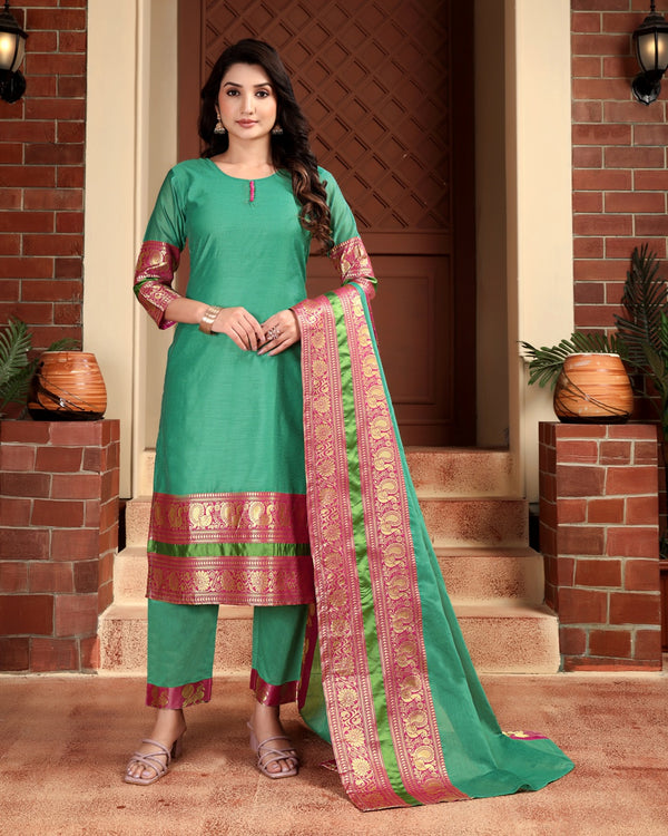 Jyoti Fashion Women's Rama Kanchi Cotton Jacquard Designer Kurta Set with Dupatta