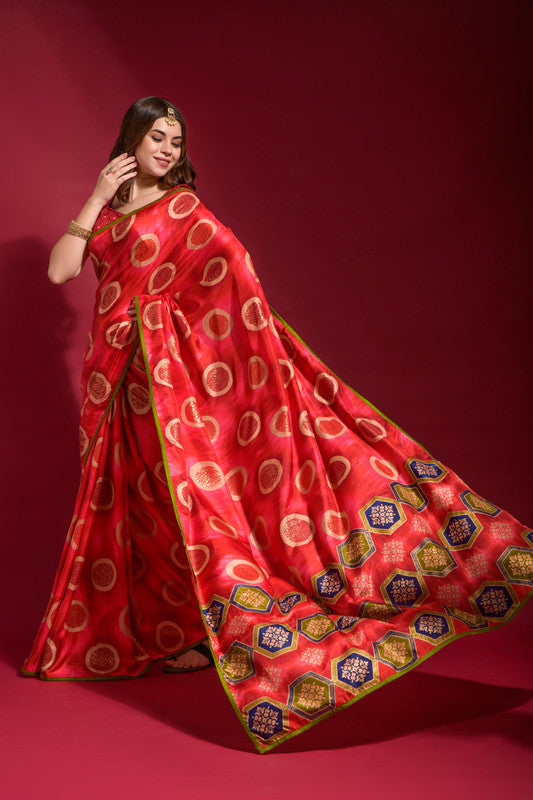 Jyoti Fashion Women's Red Emboss Foil Printed Soft Silk Saree with Blouse - Distacart