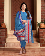 Thumbnail for Jyoti Fashion Women's Blue Kanchi Cotton Jacquard Designer Kurta Set with Dupatta