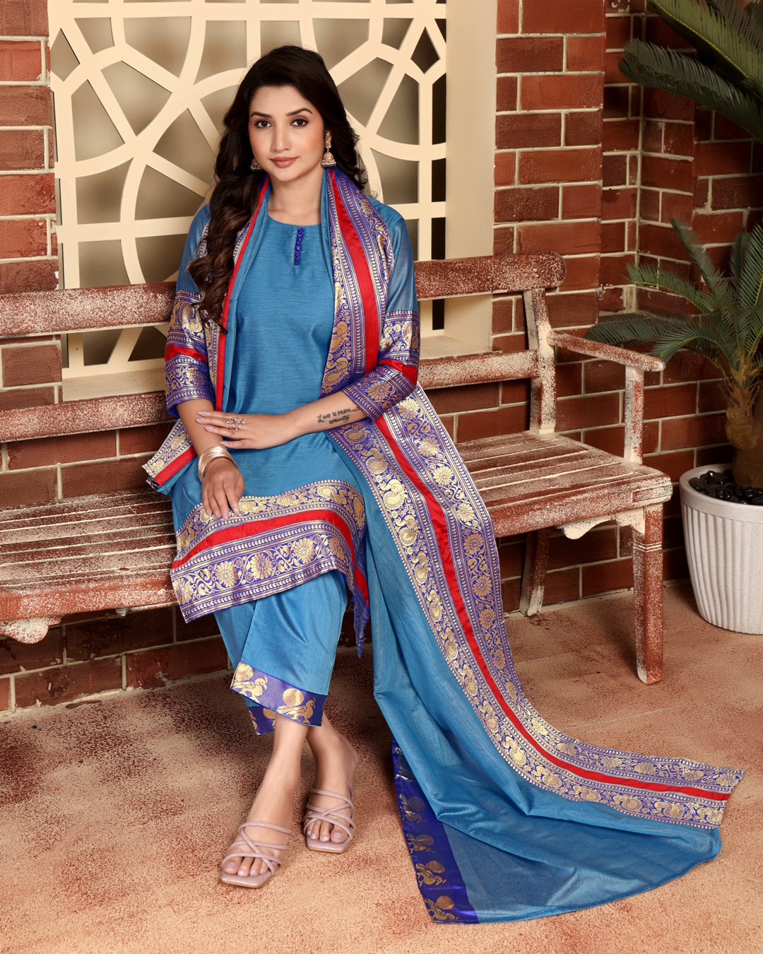Jyoti Fashion Women's Blue Kanchi Cotton Jacquard Designer Kurta Set with Dupatta