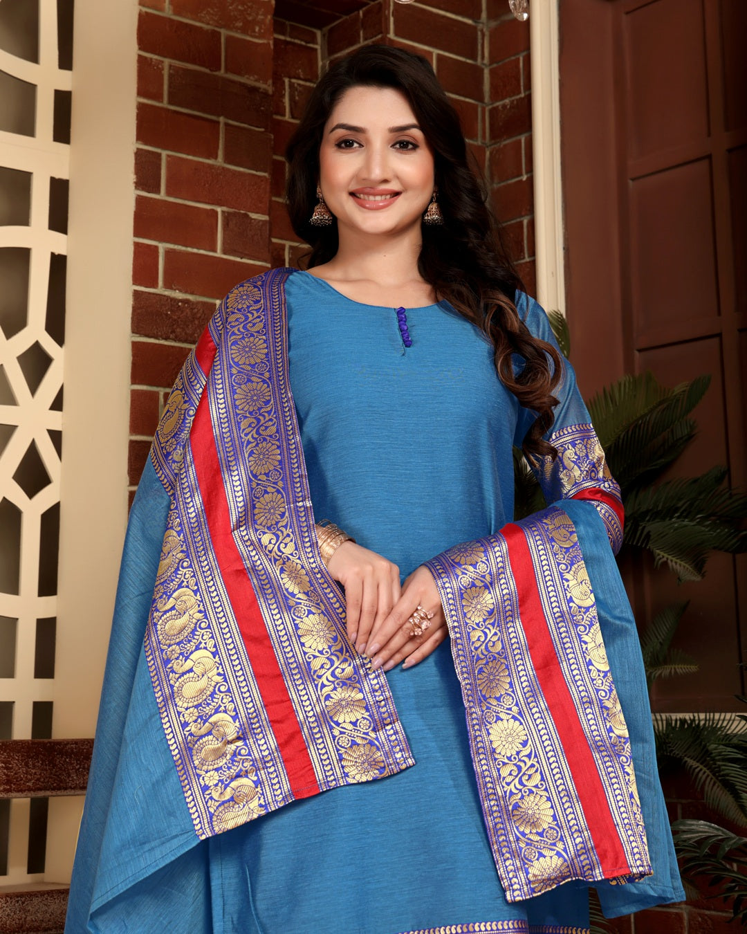 Jyoti Fashion Women's Blue Kanchi Cotton Jacquard Designer Kurta Set with Dupatta