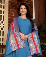 Thumbnail for Jyoti Fashion Women's Blue Kanchi Cotton Jacquard Designer Kurta Set with Dupatta