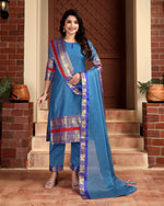 Thumbnail for Jyoti Fashion Women's Blue Kanchi Cotton Jacquard Designer Kurta Set with Dupatta