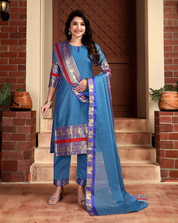 Jyoti Fashion Women's Blue Kanchi Cotton Jacquard Designer Kurta Set with Dupatta