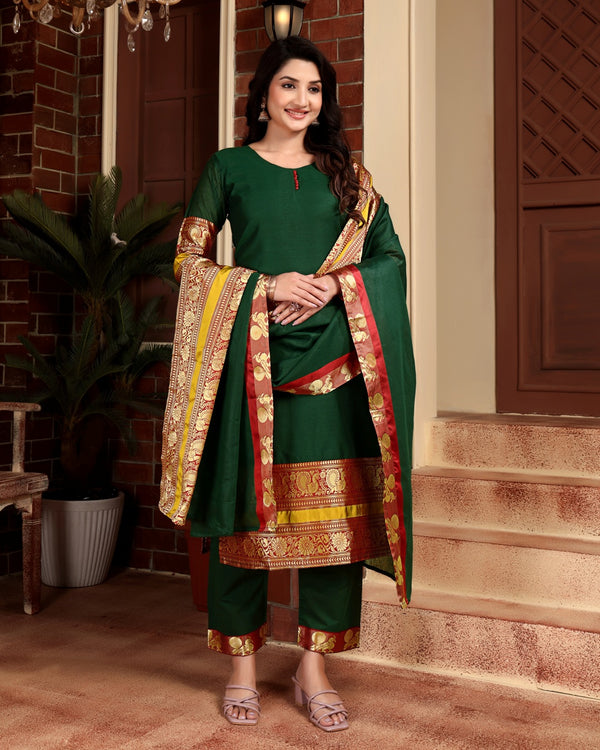 Jyoti Fashion Women's Bottle Green Kanchi Cotton Jacquard Designer Kurta Set with Dupatta