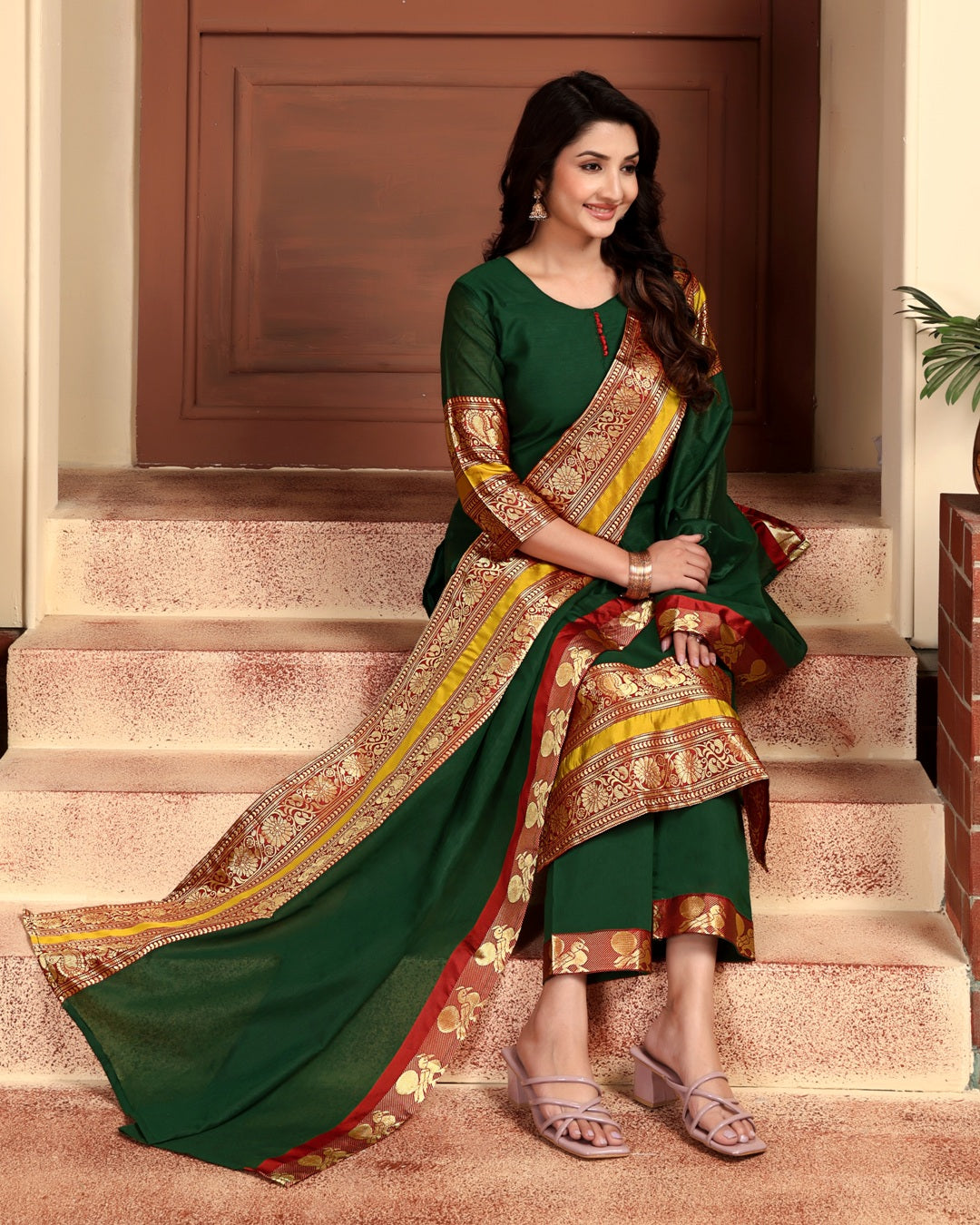 Jyoti Fashion Women's Bottle Green Kanchi Cotton Jacquard Designer Kurta Set with Dupatta