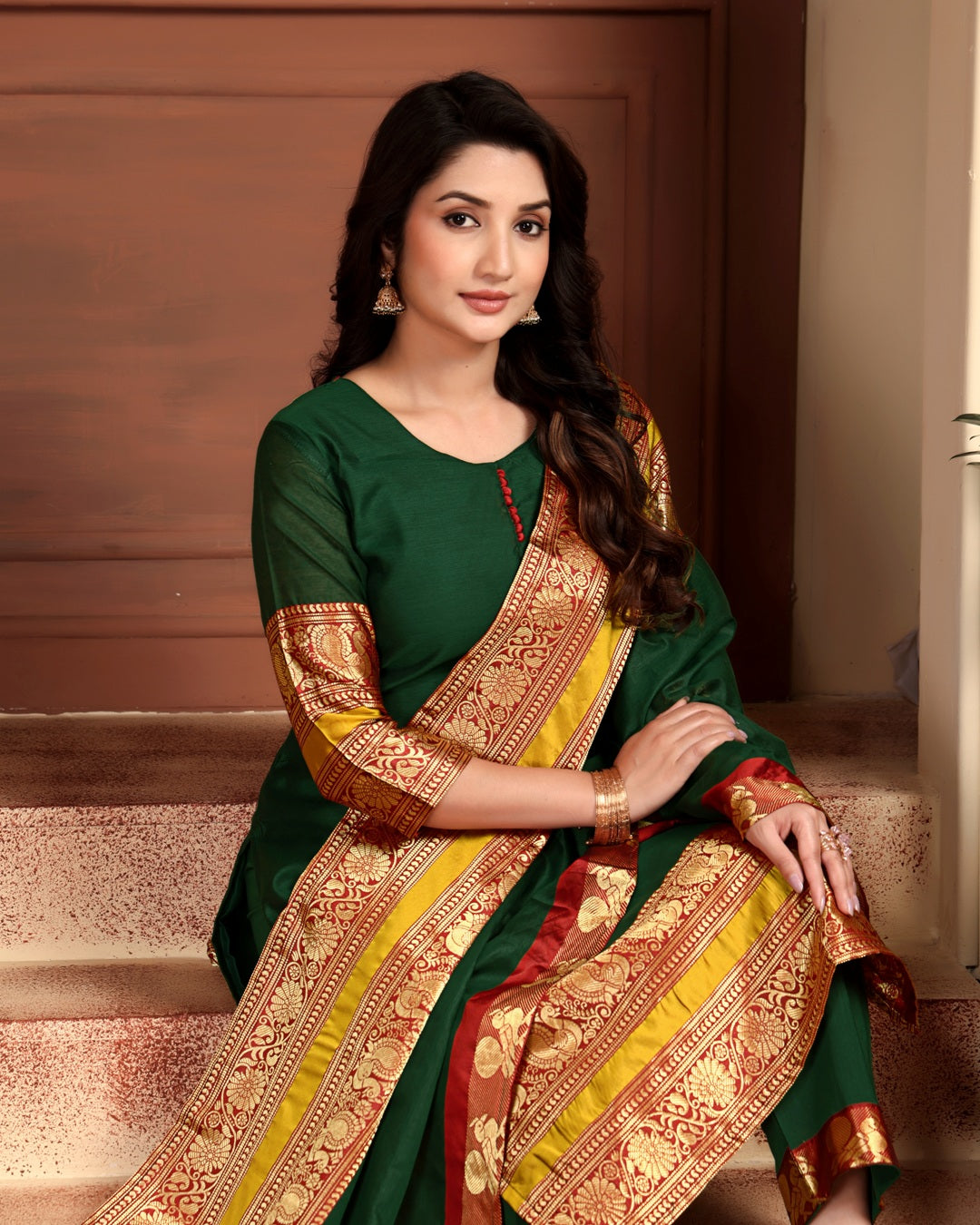 Jyoti Fashion Women's Bottle Green Kanchi Cotton Jacquard Designer Kurta Set with Dupatta