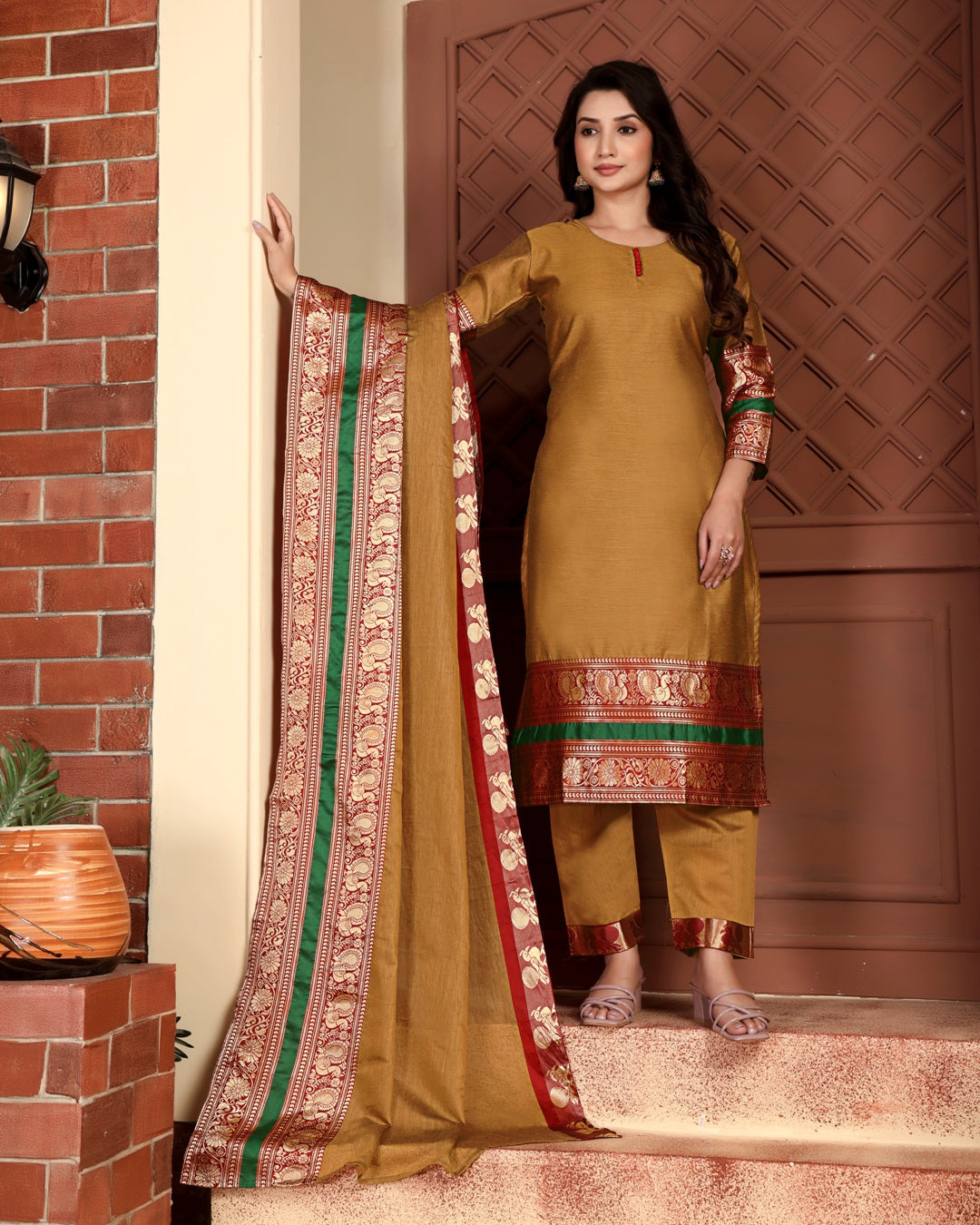 Jyoti Fashion Women's Mustard Kanchi Cotton Jacquard Designer Kurta Set with Dupatta